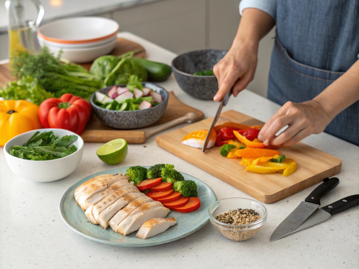 Person som förbereder en proteinrik måltid med grönsaker och kyckling