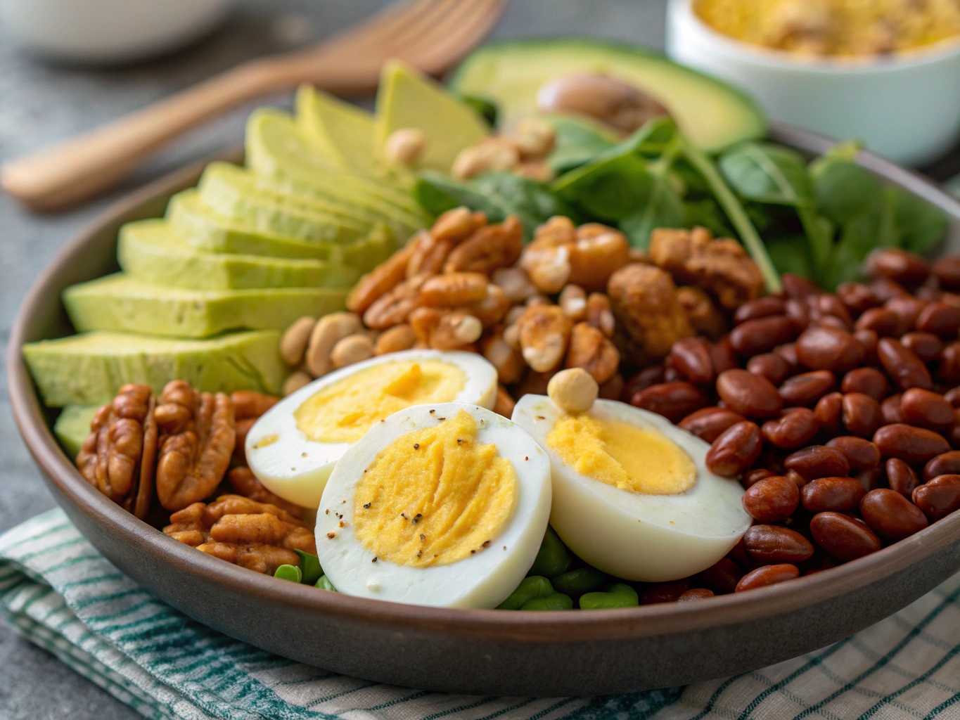 Närbild på en varierad proteinrik måltid med ägg, nötter och bönor