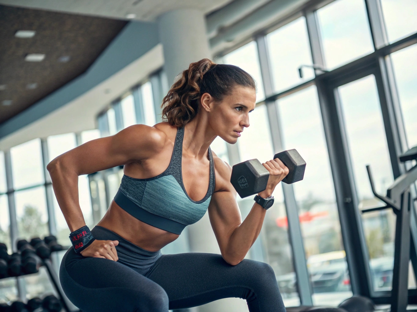 Anna tränar på gym med fokuserat uttryck